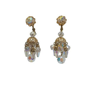 VENDOME Earrings Clip On Cluster Clear AB Bead Drop Dangle Earrings Signed